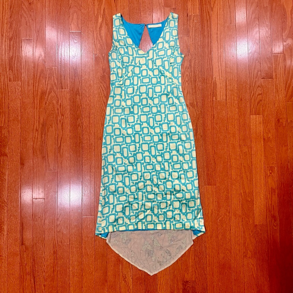 Vintage Y2K Patty Shelabarger Silk Midi Dress Beaded Mod Babydoll Geometric
